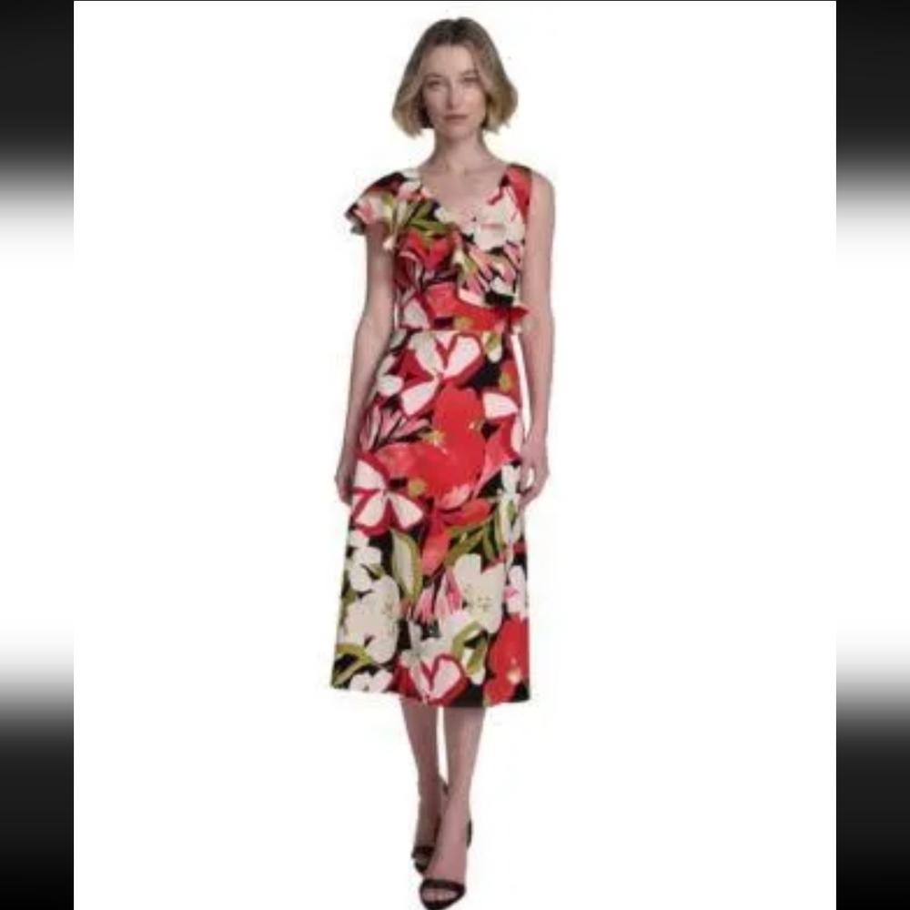 NWT HALSTON Floral Printed Asymmetric Ruffle  Black Red Size 14